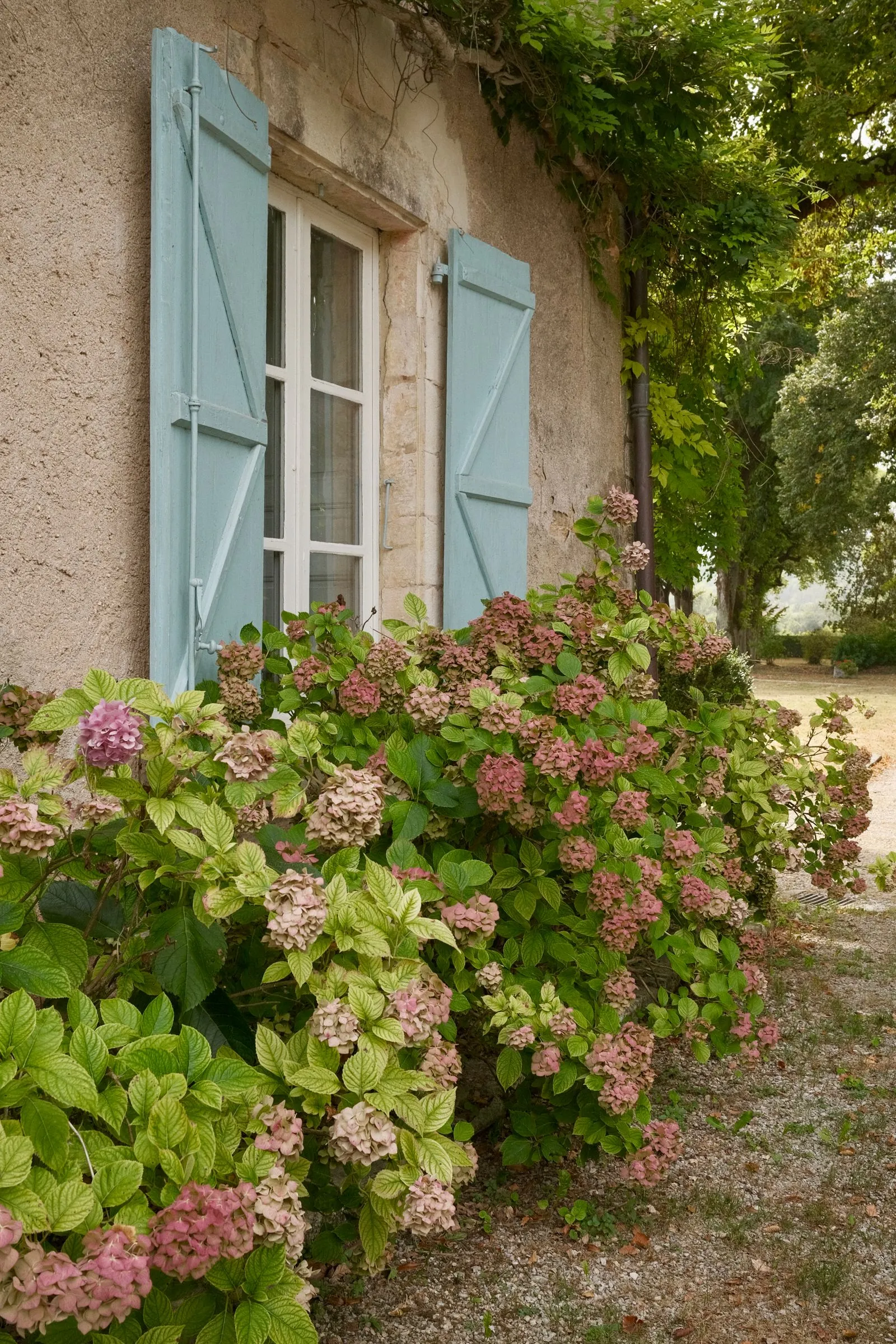 Façade en pierre enduite à la chaux et encadrements en pierre, style provençal